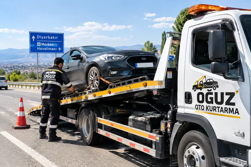 Oto çekici platformuna otomobil yüklenip sabitleniyor