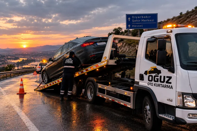 Islak yolda kaza yapan aracın çekiciye yüklenmesi